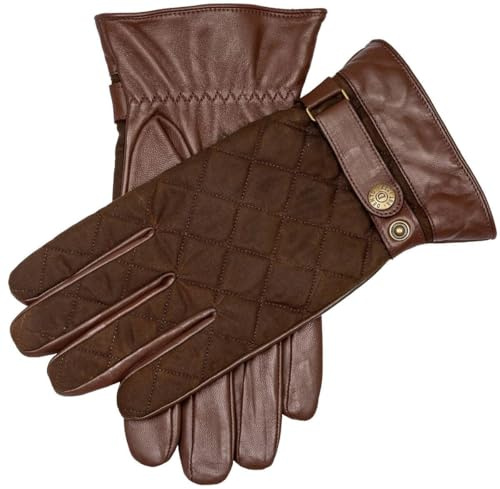 Dents Mens Bruton Waxed Cotton Quilted Touchscreen Leather Gloves - Chestnut Brown