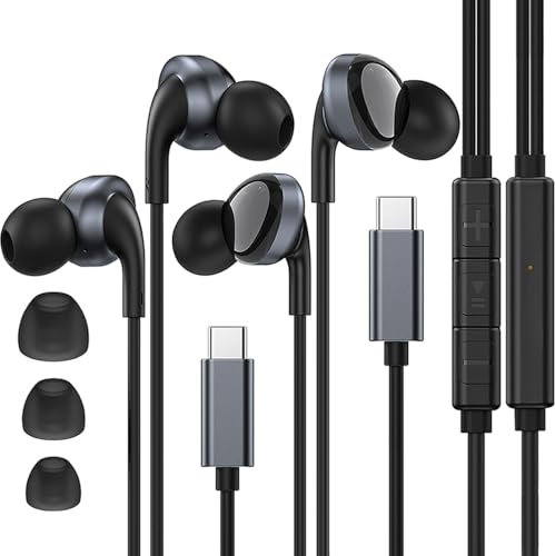 2 Pack USB C Headphones for iPhone 16/15, Type C Headphones with Mic & Volume Control, HiFi Stereo Customisable Fit USB C Earphones for Samsung Galaxy S24/S23/S22/21 with Type-C Interface - Black
