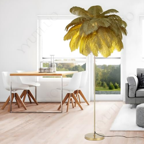 YYUTLUO Moderne Federlampe, Stehlampe Aus Natürlichen Straußenfedern, 160cm Hoch, Goldene Stange Und Sockel, Stehlampe, 3 Farbtemperaturen, G4 Led Lampen Wohnzimmer Kinderzimmer Schlafzimmer (Kamel)