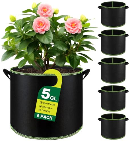 UDIANIS 5 Gallon Plant Grow Bags 6 Pack, Thickened Nonwoven Fabric Breathable Grow Bags, Heavy Duty Root Aeration Garden Pots Container with Straps Handles for Vegetables, Flowers, Plants and Fruits