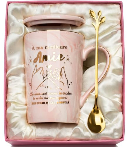 Cadeau Meilleure Amie, Idee Cadeau Amie Mug 400ml, Cadea-u Amie, Cadea-u Anniversaire Amie Tasse Marbré Céramique Rosa, Idee Cadea-u pour Nne Amie, Fait à la Main, avec Cuillère, Boîte Cadea-u, Carte