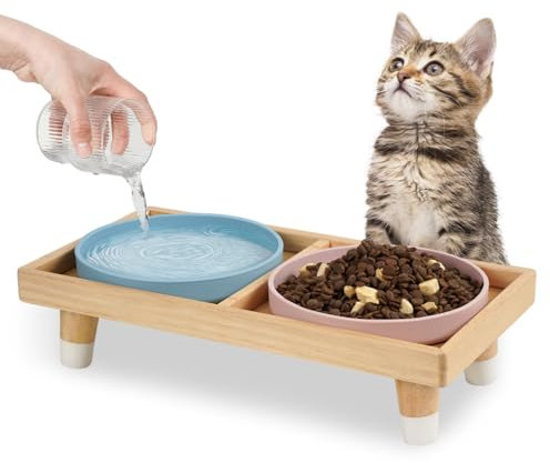 JAZUIHA Cat Bowl Flat Raised Feeding Station with Wooden Stand, 2 Silicone Bowls Diameter 18 cm, Pink & Blue, Feeding Bowl for Cats and Puppies 40 x 20 x 9 cm