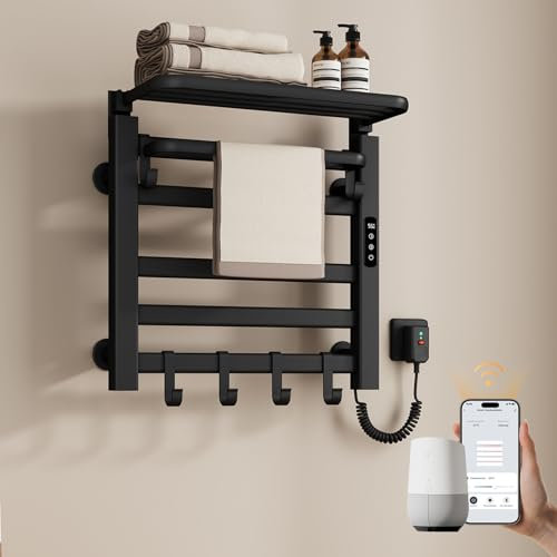 EMKE Scaldasalviette elettrico da bagno, 500 x 500 mm, intelligente a temperatura costante, scaldasalviette elettrico con ripiano, Right 140 W, nero