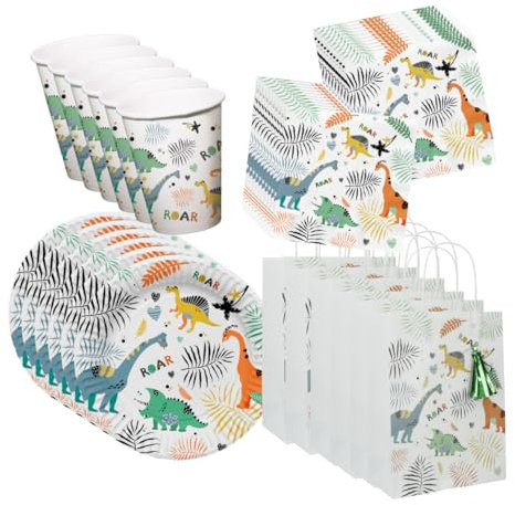 minimutz Geburtstag Deko Dinosaurier Set, Geschirrset Kindergeburtstag Jungen, Partygeschirr Becher Teller Servietten Mitgebsel Tüten