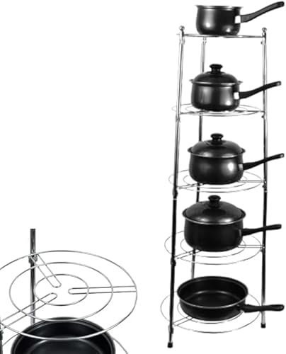 5 Tier Chrome Pan Stand – Heavy-Duty Stainless Steel Pot Organizer Rack, Free Standing Saucepan and Lid Holder, Space-Saving Multi-Functional Kitchen Storage Solution for Home, Office, and Pantry