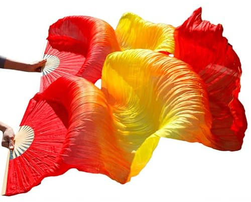 MEETOZ 1 Pair 1.8M 100% Real Silk Belly Dance Fan, National Dance Dancing Long Bamboo Fan for Party Stage Performance (Red Yellow Gradient)
