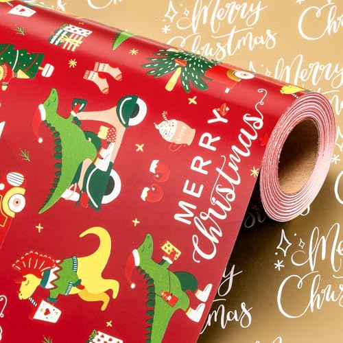 Wikadlik Geschenkpapier-Rolle, rot, 43 cm x 10 m, niedlicher lustiger Dinosaurier-Baum, Auto und goldener Schriftzug Merry Christmas, Geschenkpapier