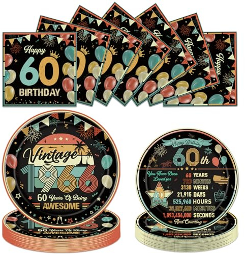 Luvart 60th Birthday Plates and Napkins Party Decorations, 72PCS Vintage Happy 1966 Birthday Tableware Set, 60 Year Old Birthday's Party Decor Supplies for Women Men 24 Guests