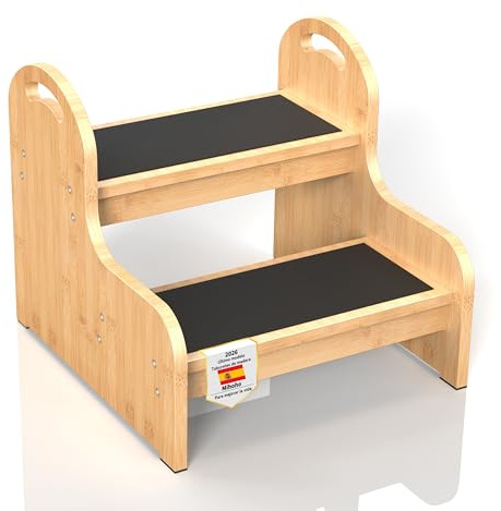 Taburete de Madera de 2 escalones para niños con Superficie Antideslizante, Escalera de 2 Pasos, Taburete de Paso de niño pequeño para Lavabo del baño/Inodoro/Cocina/Cama (Bambú H)