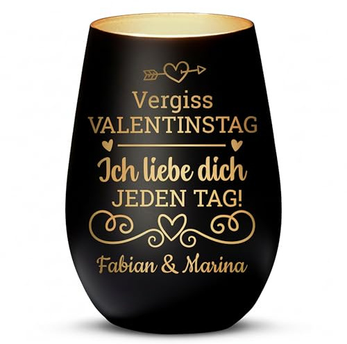 Love Faith personalisiertes Windlicht - Jeden Tag - schwarz/Gold | Mattiertes Teelichtglas mit Namensgravur - Romantisches Geschenk für Paare zum Jahrestag oder Valentinstag