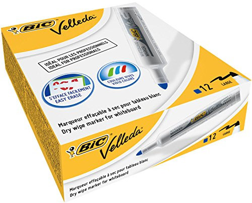 BIC Velleda 1711 Feutres pour Tableau Blanc Effaçables à Sec à Pointe Conique Moyenne - Bleu, Boîte de 12