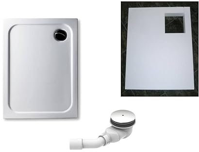 KOMPLETT-PAKET: Duschwanne 100 x 70 cm superflach 2,5 cm weiß mit GERADER UNTERSEITE Acryl + Styroporträger/Wannenträger + Ablaufgarnitur chrom DN 90