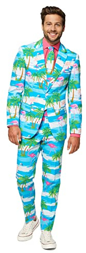 OppoSuits Flamingo Print Suit | Unisex Slim Fit | Size 48 | Includes Matching Blazer Jacket, Pants & Tie | Perfect Tropical Party Clothing