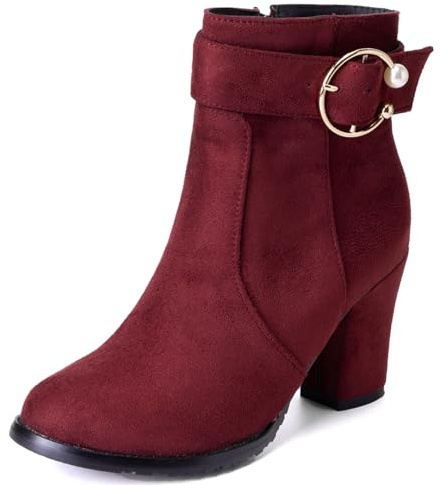 Onewus Fashion Women Ankle Boots with Mid Block Heel Red