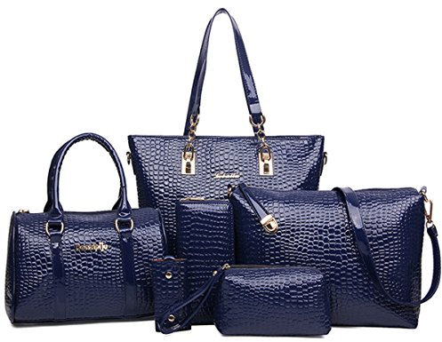 FiveloveTwo Damen 6-teiliges Set mit Crossbody Tasche und Geldbörsen PU Leder Schultertasche Shopper Tragetaschen Umhängetasche Geldbeutel Tote Taschen Clutches Dunkelblau