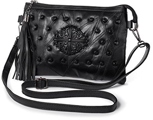 Kleine Umhängetasche Handtasche für Damen Quaste Nieten Clutch Abendtasche Weich Leder Schwarz