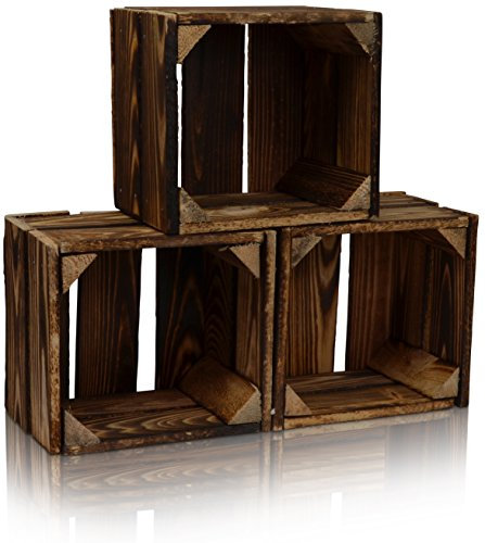 CHICCIE 3 Set Holzkiste im Vintage Look geflammt dunkel 22x20x15cm - Obstkiste