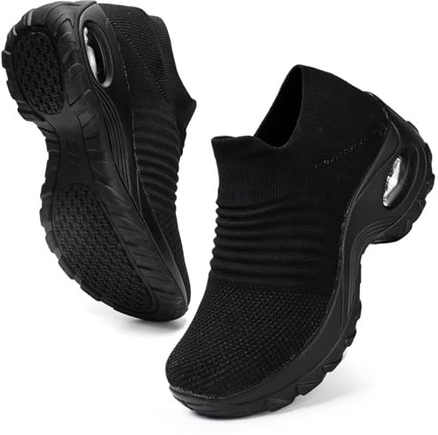 HKR Basket Femme Chaussures de Orthopédique Marche Mode et San Lacet Sport Travail Tennis Confortable Chic Femme Ultra LéGèRe Fitness Campus Slip on Enfiler Sneakers Noir 35