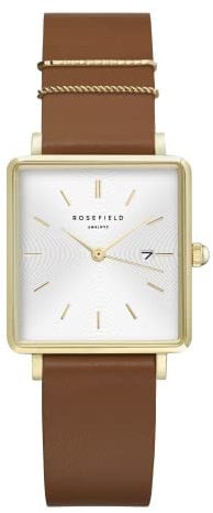 Rosefield Damenuhr The Boxy Gold Eckiges Gehäuse - Weißes Zifferblatt & Cognac Band QSCG-Q029