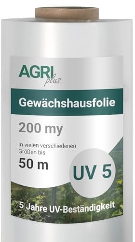 AGRI plus Gewächshausfolie 8 m breit - Länge wählbar I Hochtransparente & reißfeste Gartenfolie für Abdeckungen im Außenbereich I Plane wetterfest & 5 Jahre UV-beständig I Stärke 0,200 mm