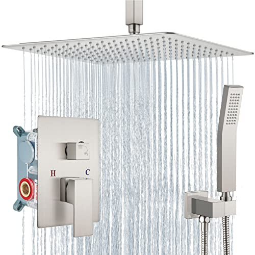Aolemi Ceiling Mount Shower System Rain Shower Head with Handheld Spray High Pressure Shower Faucet Set Rough-in Valve Shower Trim Kit Included Bathroom Brushed Nickel 16 Inch Ceiling Shower Head