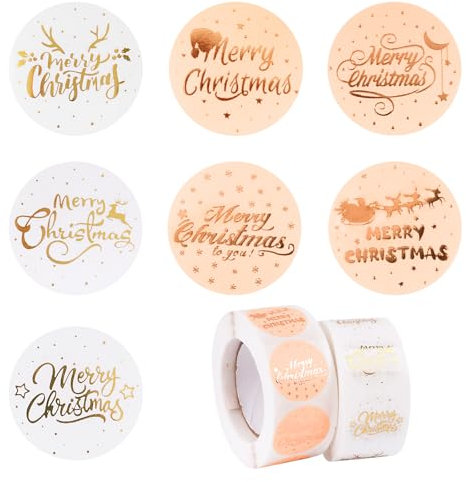 FLOFIA 1000x Weihnachten Aufkleber 2.5CM Rund Etiketten Merry Christmas Sticker 2 Rolle Selbstklebend Weihnachtsaufkleber Weihnachtsmotiven Sticker Geschenkaufkleber Rosa Weiß D