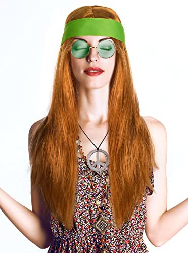 Balinco Hippie Set mit Perücke + runde Sonnenbrille + Peace Anhänger + grünes Kopfband für Herren & Damen 70er Jahre Fasching Karneval