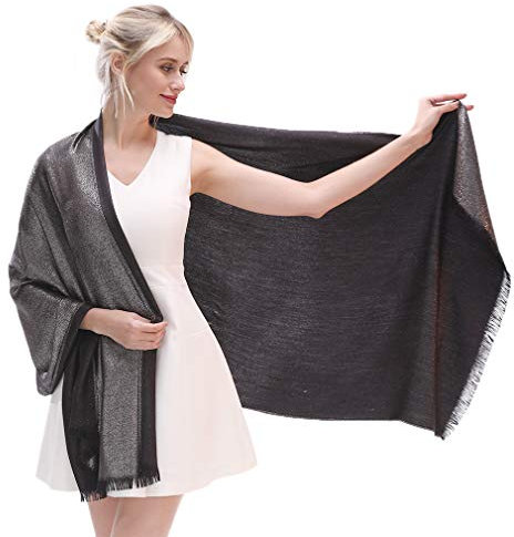 KAVINGKALY Funken Metallic Pashmina Schals und Stola für Damen Lange Party Tücher Einheitliche Farbe Doppelseitiger Schal(Schwarz-Silver)