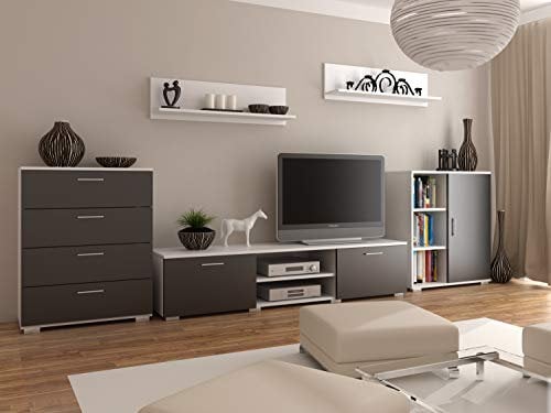 MATKAM Wohnwand Chopin 2, 5-teilig, laminierte 18 mm, Schubladenschrank H100xB80xT40cm, Fernsehschrank H35xB150xT40cm, Kommode mit Tür H100xB80xT30cm, 2X Hängeregale (Weiß-Schwarz)