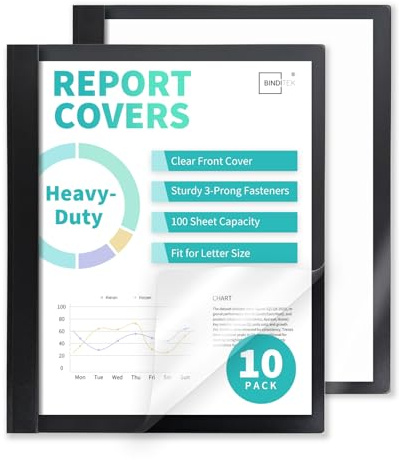 Heavy-Duty Report Covers with 3 Prongs, 100-Sheet Capacity, Black, 10Pack