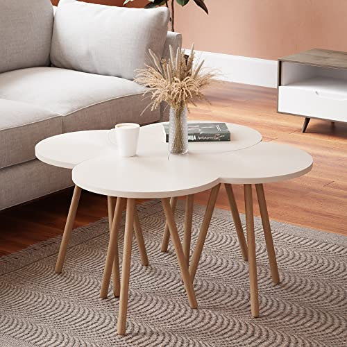 [en.casa] Set de 4 Tables Basses Emboîtables Tables d'Appoint pour Salon Chambre Panneau de Particules Bois de Hêtre 48 x 77 x 77 cm Blanc Naturel