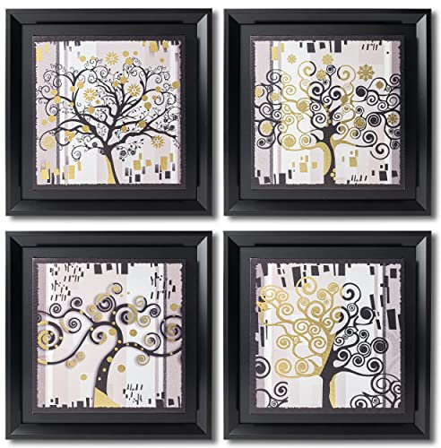 DekoArte - Tableau Decoration Murale Salon ARBRE DE VIE OR NOIR 30x30 cm x4 pièces - Tableau set avec cadre Noir