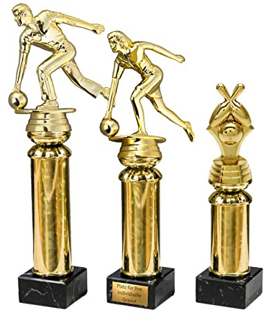 eberin · Bowling Pokale 3 Figuren zur Auswahl Mann, Frau, Bowlingkegel/Bowlingkugel auf Goldsäule/Marmor schwarz · Pokal · Pudelkönig Preis · mit Wunschgravur