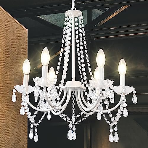 KMaiPem Kronleuchter Weiss 6 Flammig Modern Höhenverstellbar Weiß Landhaus Kristall Pendelleuchte Vintage Metall Landhaus Beleuchtung für Wohnzimmer, Schlafzimmer