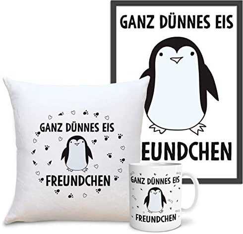 Ganz dünnes Eis Freundchen, Pinguin Geschenkset Tasse, Bild und Kissen mit Füllung mit Spruch lustig für immer pöbelnde Kollegen Freunde Chefs lustige Statements zum Geburtstag Vatertag