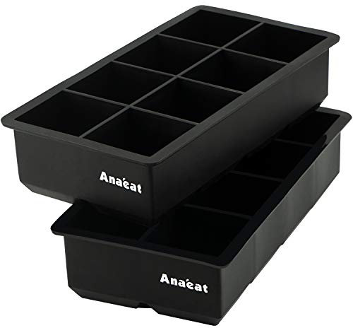 Anaeat Große Silikon-Eiswürfelformen 2er-Pack, wiederverwendbare quadratische Eiswürfelschalen, einfach zu lösen für Whiskey, Cocktails, Suppen, Babynahrung und gefrorene Leckereien (Schwarz-8 Würfel)