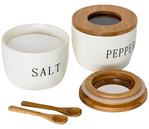 Howise 2 Pack Salt and Pepper Bowls Set, Ceramic Containers With Visible Airtight Bamboo Lid and Spoon, White Pepper Holder Shakers, Cellar Box Dish With Lid