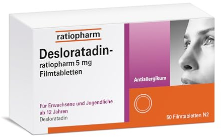 Desloratadin-ratiopharm 5 mg Filmtabletten, 50 Stück, bei Allergie | Schnelle und langanhaltende Hilfe bei Allergiebeschwerden wie Heuschnupfen, ganzjährigem allergischem Schnupfen, Nesselsucht