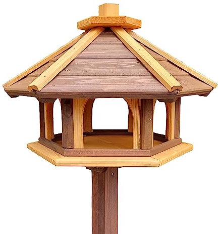 Vogelhaus mit Stander aus Holz, wetterfest, vogelfutterhaus, Futterhaus, Futterstation für Wildvögel, Vogelfutterhaus zum Stellen für den Garten, Balkon (Braun+ Gelb)