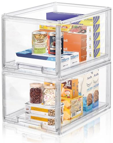 DILIBRA 2 Packs Plastic Stackable Storage Organizer Bins with Pull Out Drawer, Large Clear Acrylic Storage Drawers Container Boxes for Fridge Pantry Shelf Clost Refrigerator Organization and Storage