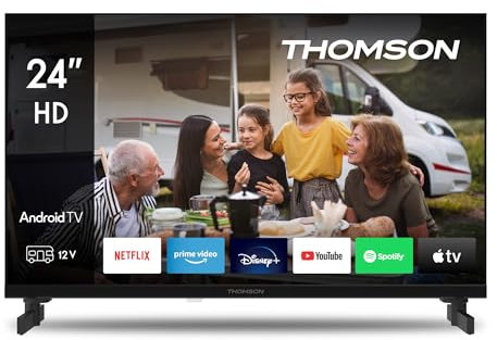THOMSON 24 Pouces (60 cm) LED HD 12V Camping Smart Android TV, Google Assistant, Wi-FI, Dolby Digital, Bluetooth, Triple-Tuner (Câble-Satellite-Antenne), HDMI, CI, A Panneau- 24HA2S13C