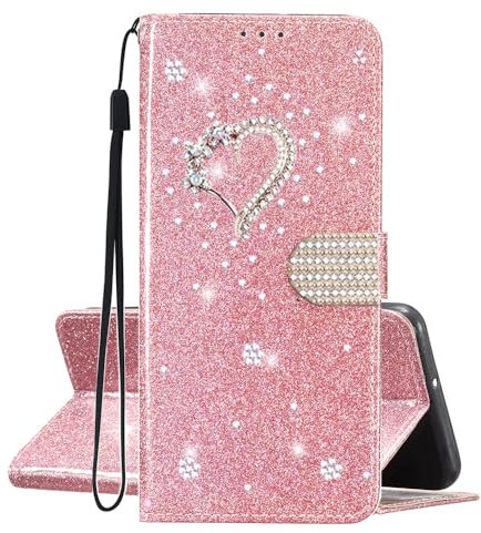 SEHEYA for iPhone 11 Wallet Case Glitter PU Leather Sparkly Love Heart Diamond Design Magnetic Closure Flip Cover with Card Holder Women Girls Phone Purse, Rose Gold