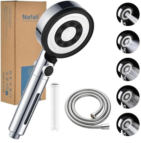 Nafall Doccino per Doccia - Soffione Doccia Anticalcare Alta Pressione con Tubo Flessibile da 150cm, Shower Head con 5 Modalità e Funzione di Arresto, Cromato (senza Staffa)