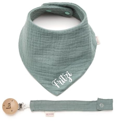 Personalisiertes Dreieckshalstuch aus Musselin, Halstuch für Jungen, Mädchen, mit Druckknopfverschluss, in verschiedenen Farben mit Wunschnamen | Schnullerband mit Namen Set (Dunkelmint)
