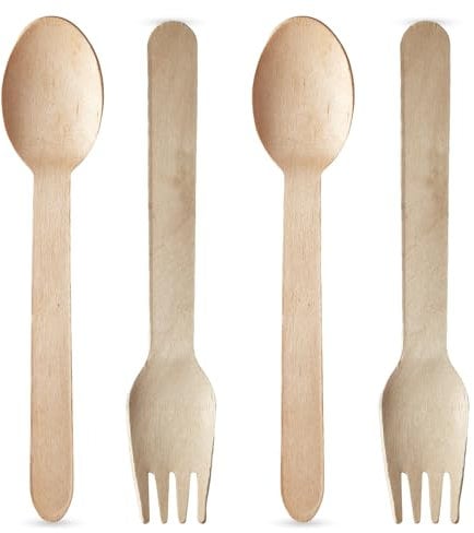 Chef Royale Combo Pack of 100 Wooden Spoons and Forks - Biodegradable, Compostable & Eco-Friendly Disposable Cutlery Set for Events