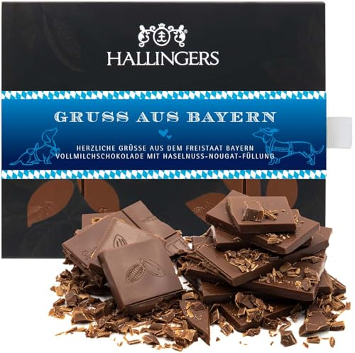 Hallingers Genuss Manufaktur Schokolade Geschenk - Tafel handgeschöpften Edelkakaos ohne Alkohol edler Karton Gruß aus Bayern Haselnuss, Geschenkidee für Frauen Männer