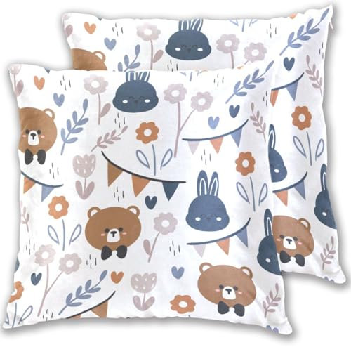 FRODOTGV Niedlicher Cartoon-Bär mit Häschen und Pflanzen-Glückseligkeit, Kissenbezüge mit Reißverschlüssen, Doppel-Kissenbezüge, Baumwolle, 40,6 x 40,6 cm