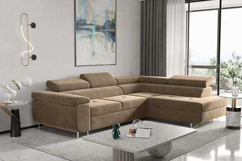 Kaiser Möbel, Ecksofa mit schlaffunktion, mit Bettkasten, Schlafsofa Atom Lux, Designer Sofa, Modern Design Couch, Polsterecke, Freistehend, Stoff Monolith Klasse A, Hellbraun Rechts