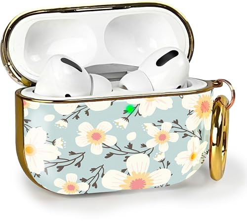 MyGadget Hardcase Hülle [ Blumen Motiv ] kompatibel mit Apple AirPods Pro (2.Gen - 2022) - Qi kompatibel - mit Karabiner - LED Licht sichtbar - Baby Blau Weiß