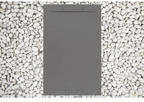 Plato de ducha 80 x 100 cm, gris RAL 7037 Volcano Line Plus de Marmoresina con rejilla lateral de MARMORESINA